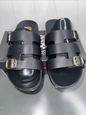 Vince Camuto Freida Black Leather Double Buckle Slide Mules thumbnail 3