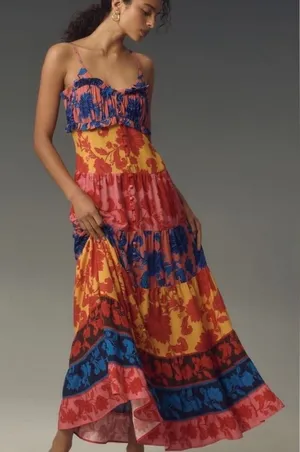 FARM Rio x Anthropologie Tiered Maxi Dress Floral Button Front Multi-Color XS thumbnail 1