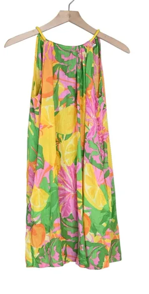 C&C California Women's S Lemon Print Green Pink Linen Blend Mini Beach Sundress thumbnail 1
