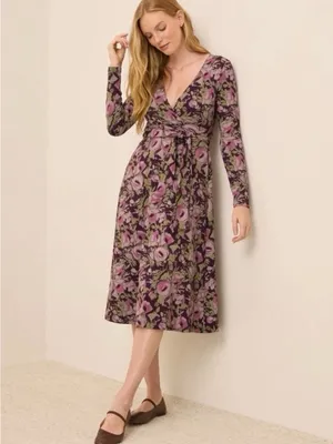 Pact Fit & Flare Wrap Dress Medium Berry Jam Floral Organic Cotton thumbnail 3