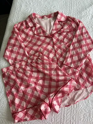 Peach Love California Pink and Red Plaid Pajama Set thumbnail 1