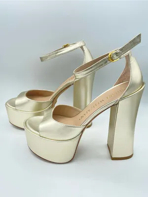 STUART WEITZMAN Skyhigh 145 Gold Metallic Leather Platform Sandals Block Heels thumbnail 6