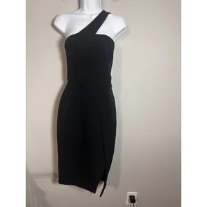 Nicholas Black One Shoulder Asymmetric Slit Midi Cocktail Dress Womens‎ US 8 thumbnail 2