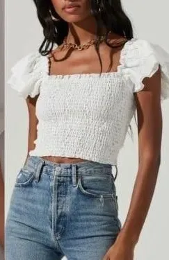ASTR Smocked Flutter Gauze Top in White thumbnail 1