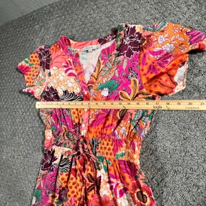 LOFT Floral Mini Dress Womens MP Pink Orange Patchwork Smocked V-Neck Tropical thumbnail 7