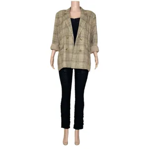 MAJORELLE Rhea Double-Breasted Blazer, Tan Plaid, XL thumbnail 13