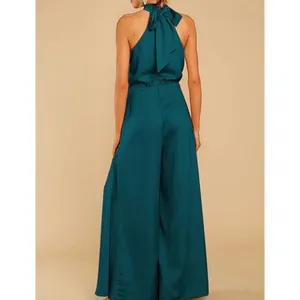 NEW Satin Sleeveless Halter Jumpsuit Pockets Wide Leg L thumbnail 2