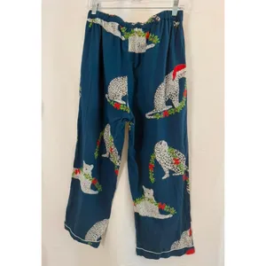 SAATVIK Navy w/White Leopard Pajamas Set Christmas Garland Santa Hat Womens M thumbnail 7
