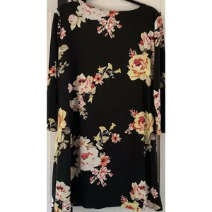 WHBM Black Floral Shift Dress XL Pink Rose Print 3/4 Sleeve Career Church thumbnail 4