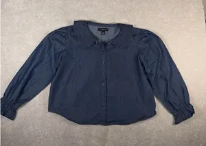 Audrey Lane brand denim blouse‎ collared puff sleeve L thumbnail 1