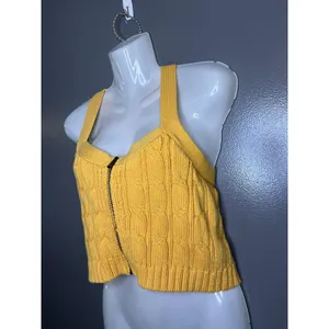 Maeve Anthropologie Sweater Vest Womens Large Yellow Cable Knit Zip Cropped thumbnail 3