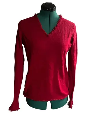 Magaschoni Cherry Red Cashmere V Neck Red fringe‎ Sweater Valentine's size Small thumbnail 1