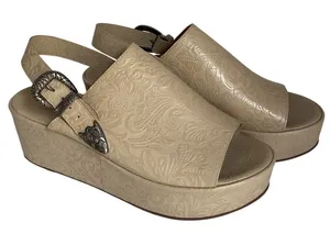 Matisse Embossed Wedge Western Sandals Leather Beige Platform Made in Brazil Sz9 thumbnail 1