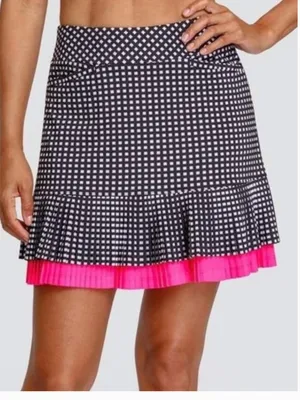 TAIL Teagan Gingham Pleated Flounce Hem Golf Skort Tennis Skirt Black White Pink thumbnail 1
