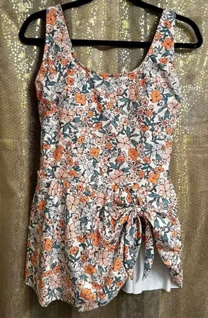 Cupshe Orange Peach Floral Scoop‎ Neckline Ruching Swimdress XL NWT thumbnail 1