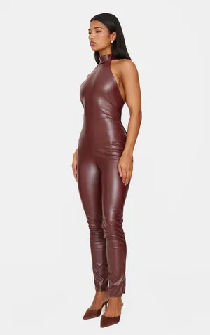 Faux Leather Halterneck Back Tie Straight Leg Jumpsuit…Sz: US 8…Color: Chocolate thumbnail 3