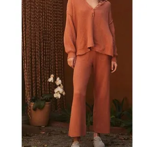 Free People Picnic Sweater Ribbed Flare Lounge Pant Terra Cotta- Size Medium thumbnail 2