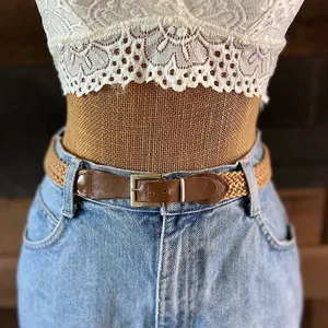 Vintage Brown Leather Buckle Braided Woven Rope Western Boho Belt thumbnail 1