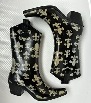 Corkys Rain Boots Womens 8 Black Gold Fleur-de-Lis Waterproof Western NOLAS BBQ thumbnail 1