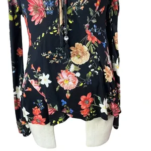 Anthropologie Farm‎ Rio Top Blouse Long Sleeve Jersey Floral Print Black Size XS thumbnail 6