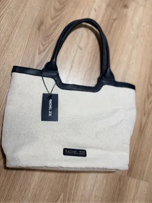 Rachel Zoe Large Tote Bag Natural Linen Canvas Black Trim Shoulder Purse NWT thumbnail 7