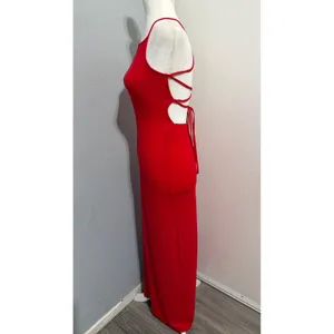 Red High Neck Maxi Dress S Halter Open Back‎ Lace Up Strappy Bodycon Formal Gown thumbnail 9