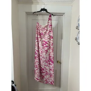 One Shoulder Pink Feather Print Slip Dress Side Slit Beach Summer Casual Medium thumbnail 2