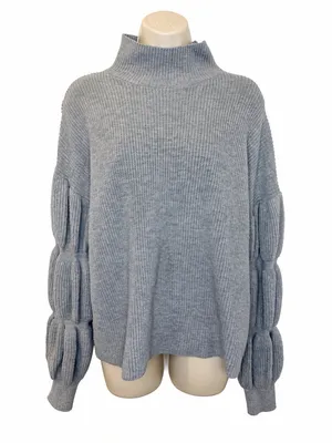 Hem & Thread Gray Ribbed Mock Neck Balloon Sleeve Sweater Size Large thumbnail 1
