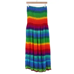 Unbranded Maxi Dress Womens One Size Rainbow Striped Smocked Strapless Excellent thumbnail 2