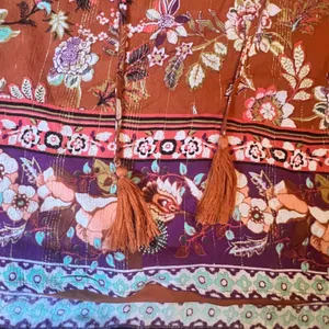Farmers Market One World Rust Floral‎ Boho Peasant Top Metallic Lurex Tassels L thumbnail 5