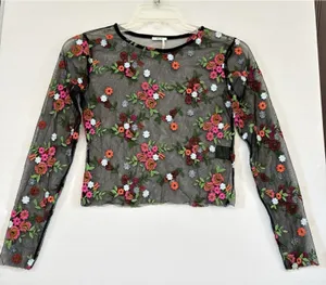 Kimchi Blue Womens Black Sheer Floral Embroidered Long Sleeve‎ Blouse Top Small thumbnail 1