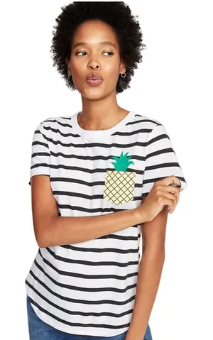 Old Navy Pineapple Pocket‎ T-Shirt Womens XXL White Black Striped Casual Tee thumbnail 1