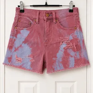 Express Tie Dye Distressed Denim Shorts Pink Purple Mid Rise Cutoff Size 0 thumbnail 2