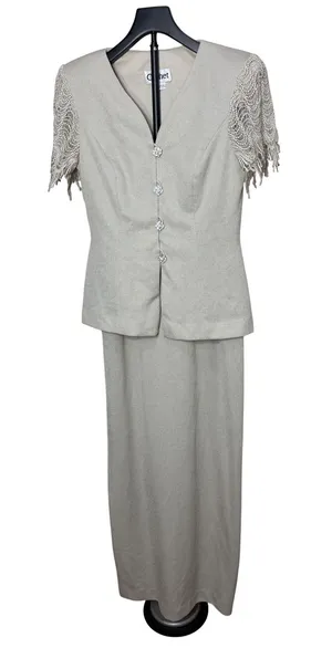 Cachet Womens 8 Champagne Metallic Skirt Suit Set Lace Fringe Rhinestone Formal thumbnail 1