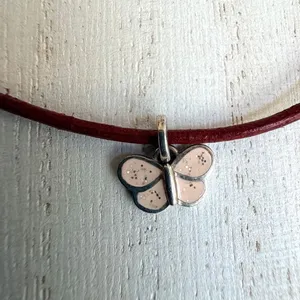 Coach Sterling Silver Pink Enamel Butterfly Necklace Red Leather Cord thumbnail 7