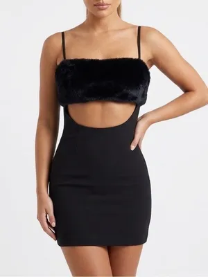 Naked Wardrobe Black Faux Fur Trim Mini Dress Sexy Date Night Club Prom Party Sm thumbnail 1