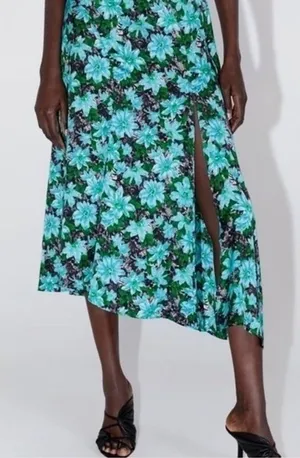 ZARA Vibrant Blue & Green Floral Midi‎ Skirt Satin Size S Made in Morocco EUC thumbnail 1