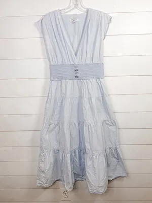 Derek Lam Light Blue Poplin V-Neck Tiered Midi Dress EUC US Size 4 MSRP $398 thumbnail 6