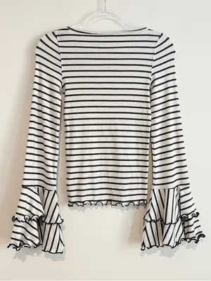 We The Free Free People Good Find Striped Bell Sleeve Ribbed Top grey‎ white size XS thumbnail 3