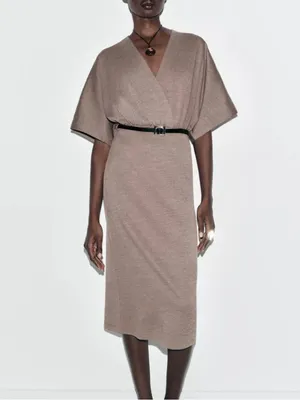 Zara Taupe Kimono-Sleeve Midi Dress with Black Belt thumbnail 11