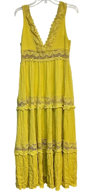 Boho Maxi Dress‎ Yellow Sleeveless V Neck Crochet Lace Tiered Flowy Small thumbnail 1
