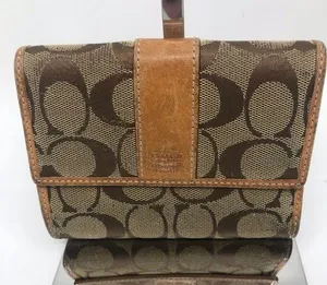 COACH Leather Fabric Combo Brown Tri Fold Wallet thumbnail 1
