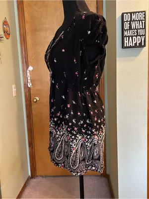 Free People black floral and paisley print tunic dress beaded embroidered size L thumbnail 4