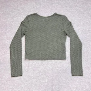 Aerie Womens Olive Green Textured Long Sleeve Crop Top Size Medium Crew Neck EUC thumbnail 4