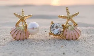 Gold Starfish & Pink Shell Stud Earrings with Pearl and Crystal Accents thumbnail 1