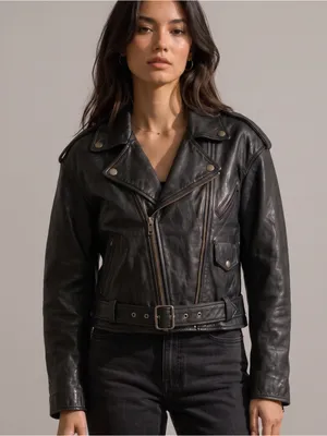 VINTAGE SARAH Black Leather Moto Jacket Size L thumbnail 13
