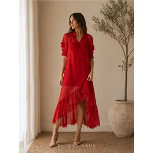 Sandro Paris Joy Rouge Écarlat Ruffled Midi Dress Red Sheer Romantic 38- US 6 thumbnail 2