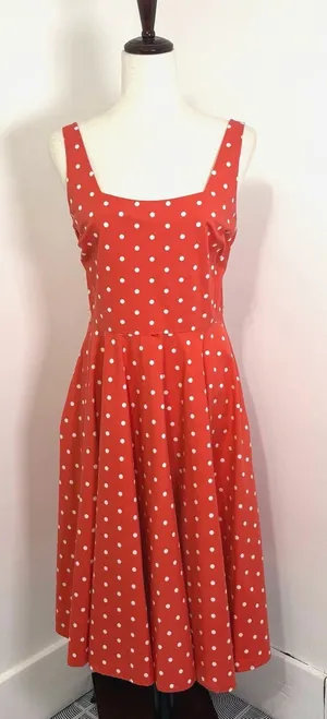 Bailey Blue Coral Polka Dot Fit Flare Swing Dress Sz L thumbnail 1