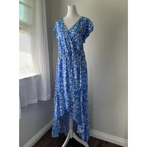 Grecerelle Blue & White Floral Print V-Neck Short Sleeve High Low Maxi Dress thumbnail 6