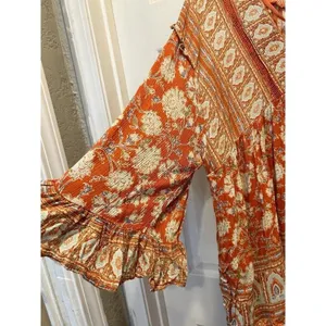 Free People Moonlight Dance Orange Floral Boho Tunic V-Neck Bell Sleeve Size M thumbnail 4
